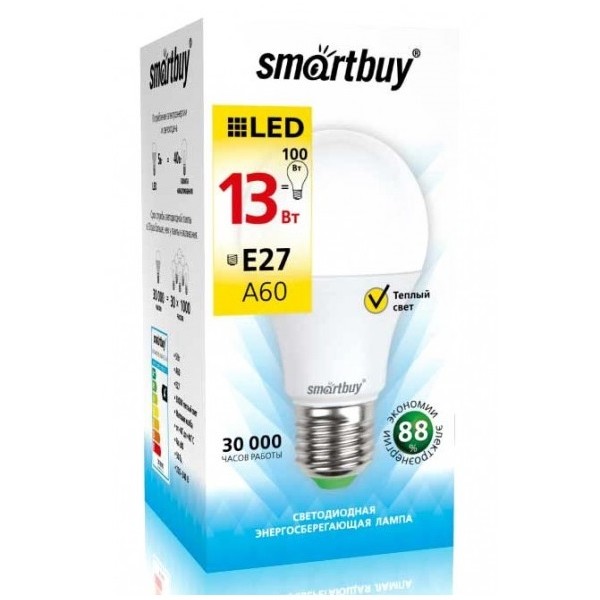 Светодиодная лампа SmartBuy E27 А60 3000K 13Вт